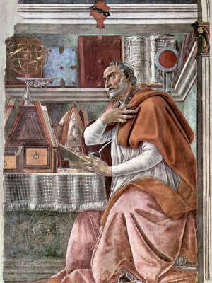 Der Heilige Augustinus, dargestellt auf einem Fresko in der Kirche von Ognissanti (Florenz) von Sandro Botticelli aus dem Jahr 1480.