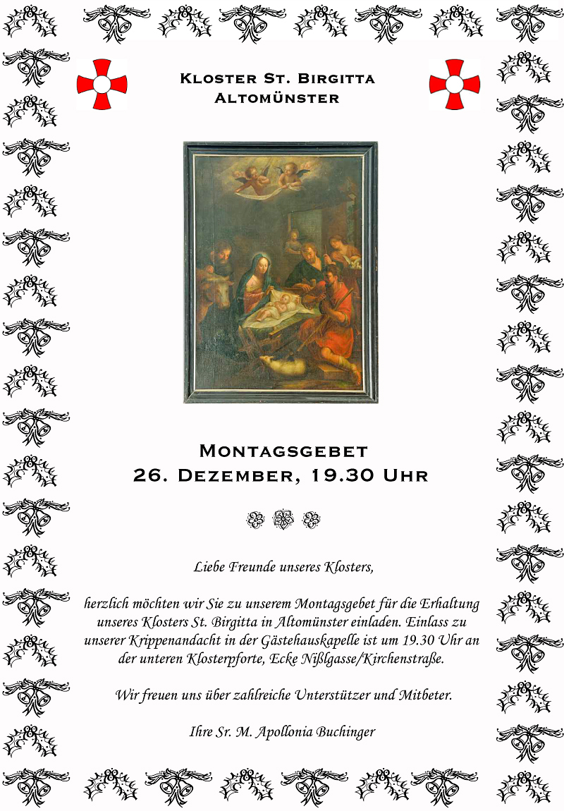 Einladung zum Montagsgebet am 26. Dezember